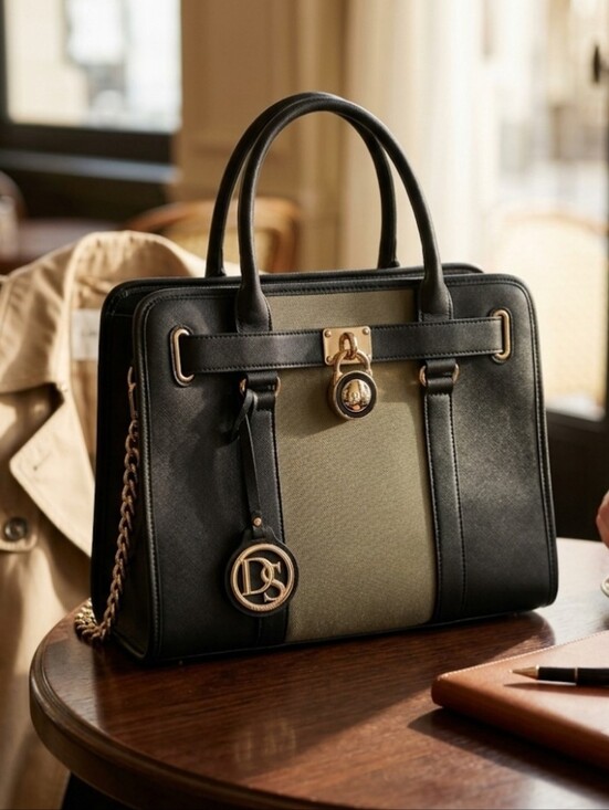 Dasein Handbags - Dasein Structured Two-Tone Black/Grey Satchel with Gold Accent Hardware